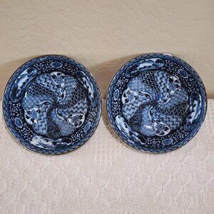 Vintage Japanese Imari Arita Cobalt Blue White Pictorial Porcelain Ramen Bowls